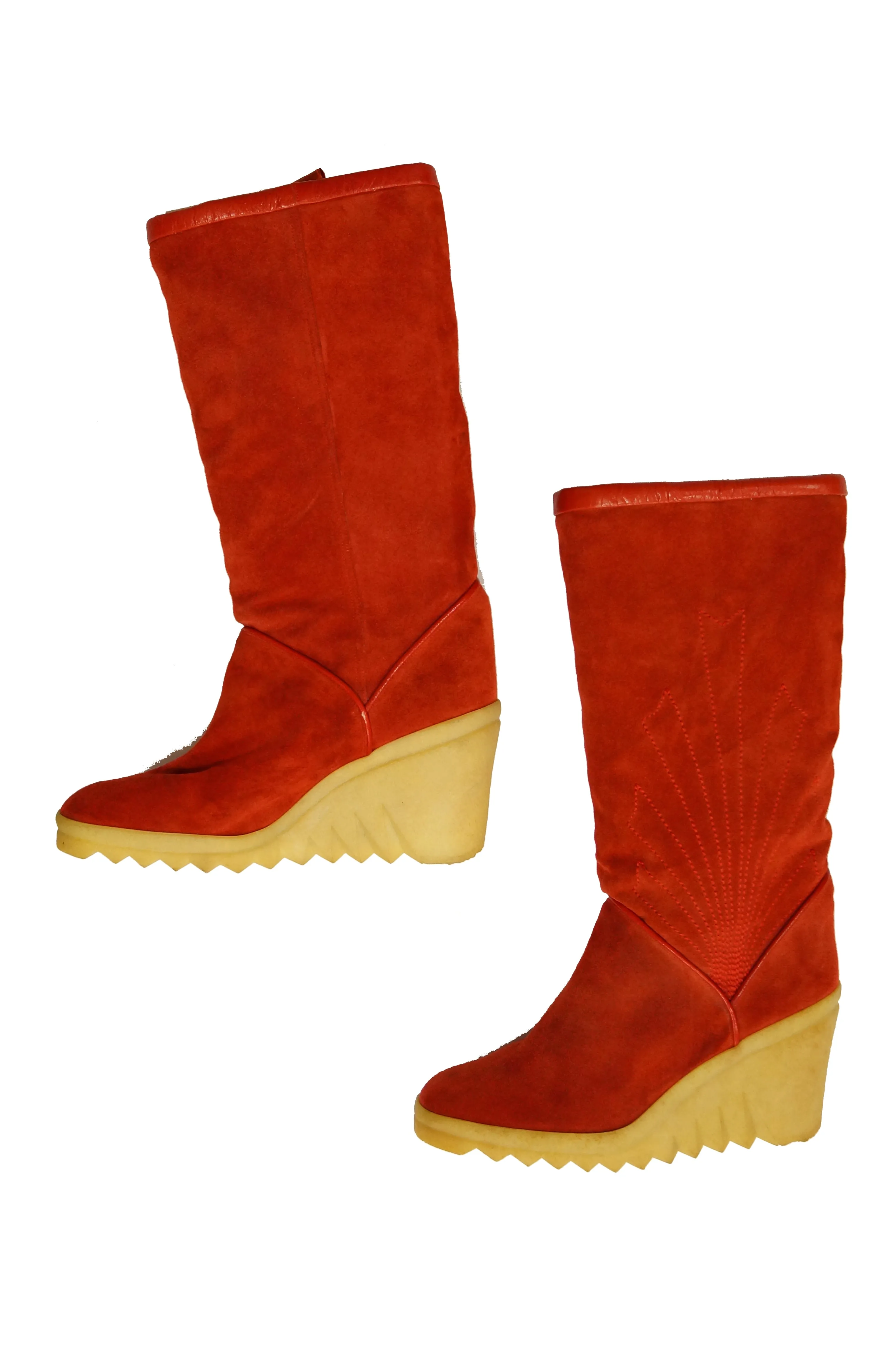 1970s Charles Jourdan Red Suede Wedge Sunrise Stitch Boots