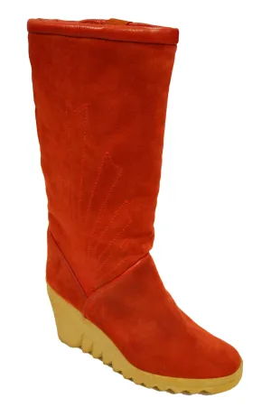 1970s Charles Jourdan Red Suede Wedge Sunrise Stitch Boots