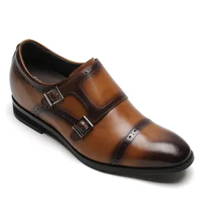 7 CM / 2.76 Inches - CMR CHAMARIPA Height Increasing Double Monk Shoes Brown Brogue Elevator Shoes