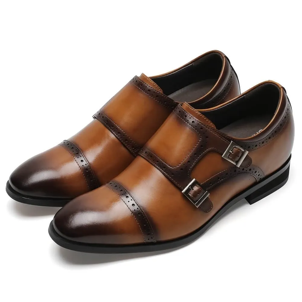 7 CM / 2.76 Inches - CMR CHAMARIPA Height Increasing Double Monk Shoes Brown Brogue Elevator Shoes