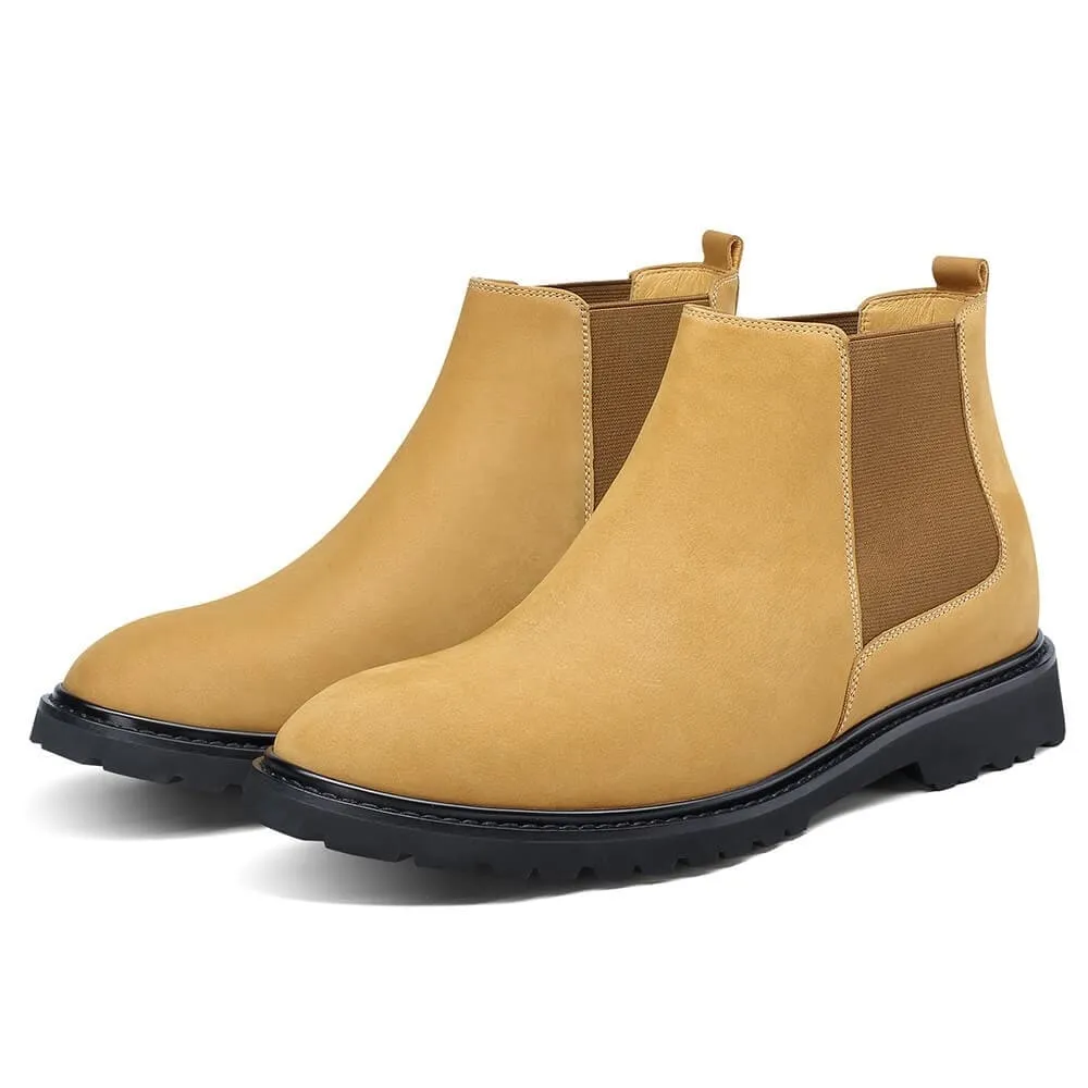 7 CM / 2.76 Inches CMR CHAMARIPA Height Increasing Shoes - Men's Yellow Nubuck Chelsea Boots