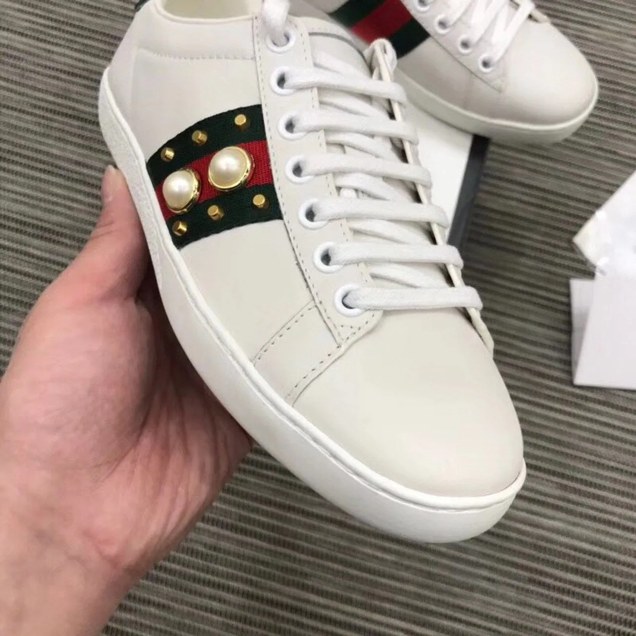 Ace Studded Leather Sneakers 431887 Calfskin Leather Spring/Summer 2018 Collection, White