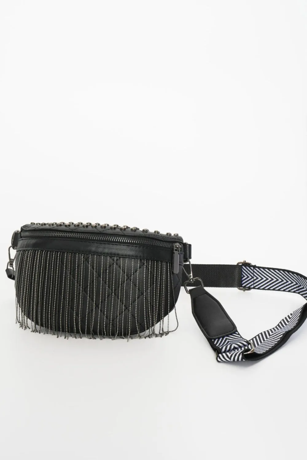 Adored PU Leather Studded Sling Bag with Fringes