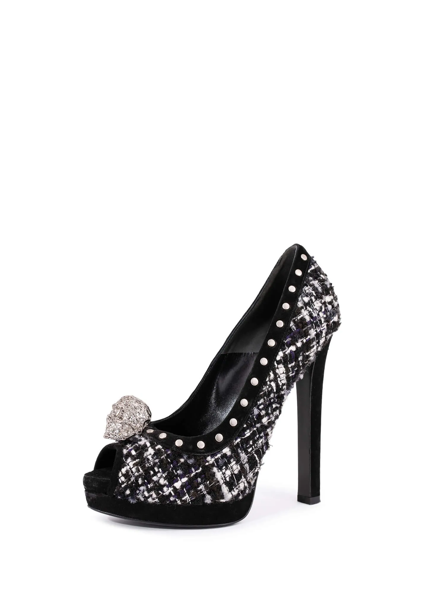 Alexander McQueen Tweed Studded Skull Shoes Black White