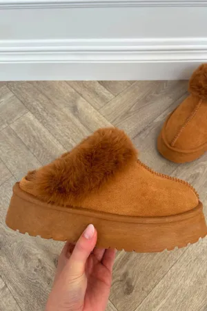 Amara Camel platform faux fur lined mules