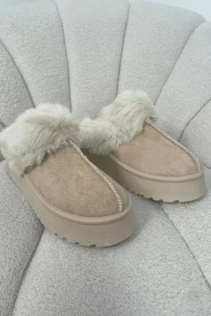 Amara cream platform faux fur lined mules