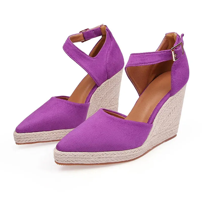 Amozae-Suede Wedge High Heels Women Comforts Shallow Pointed Elegant Womens Shoes Violet Twine Weaving Platform Shoes Female Pumps