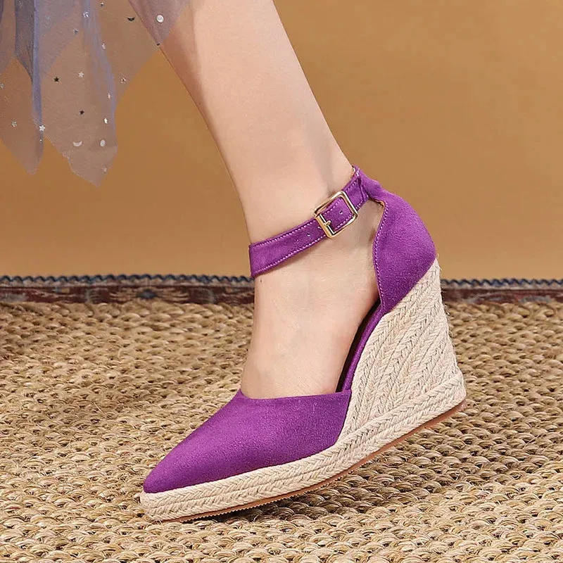 Amozae-Suede Wedge High Heels Women Comforts Shallow Pointed Elegant Womens Shoes Violet Twine Weaving Platform Shoes Female Pumps