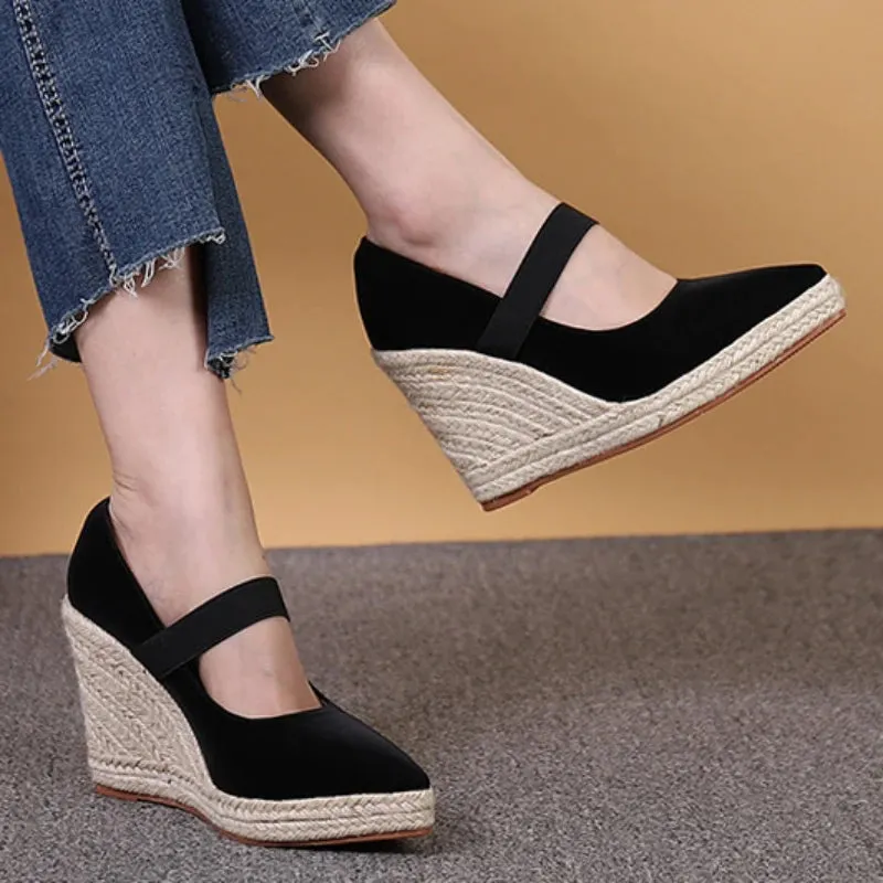 Amozae-Suede Wedge High Heels Women Comforts Shallow Pointed Elegant Womens Shoes Violet Twine Weaving Platform Shoes Female Pumps