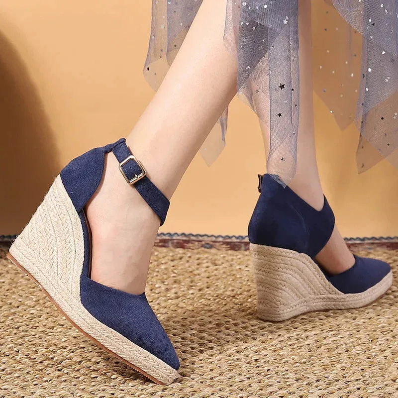 Amozae-Suede Wedge High Heels Women Comforts Shallow Pointed Elegant Womens Shoes Violet Twine Weaving Platform Shoes Female Pumps