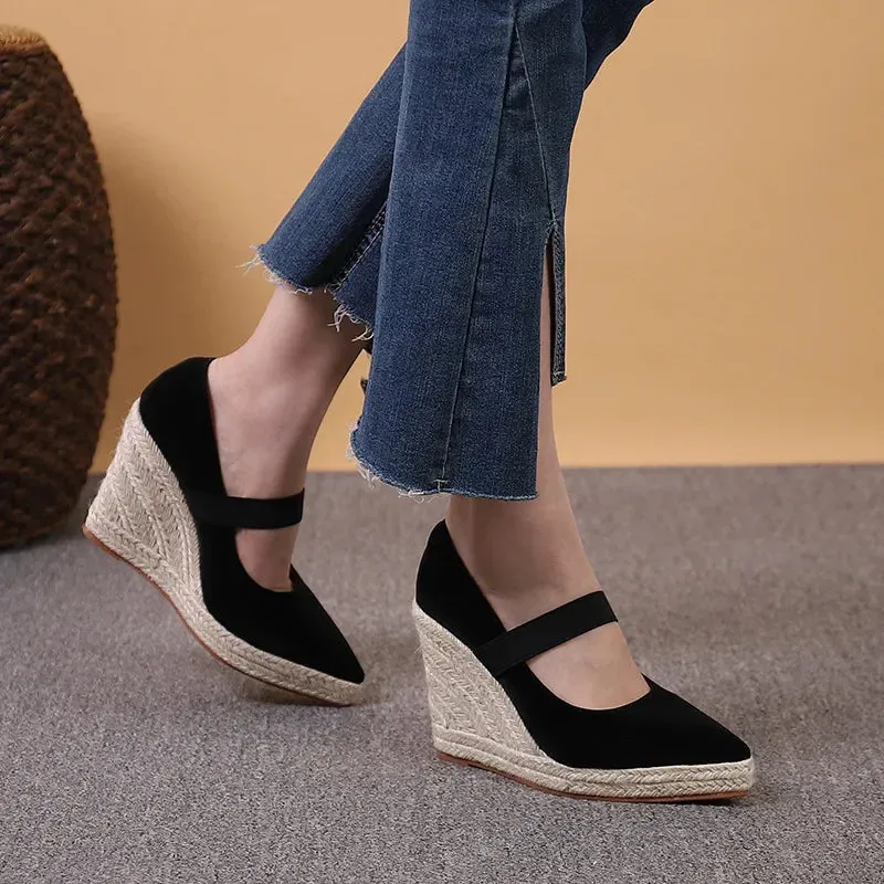 Amozae-Suede Wedge High Heels Women Comforts Shallow Pointed Elegant Womens Shoes Violet Twine Weaving Platform Shoes Female Pumps