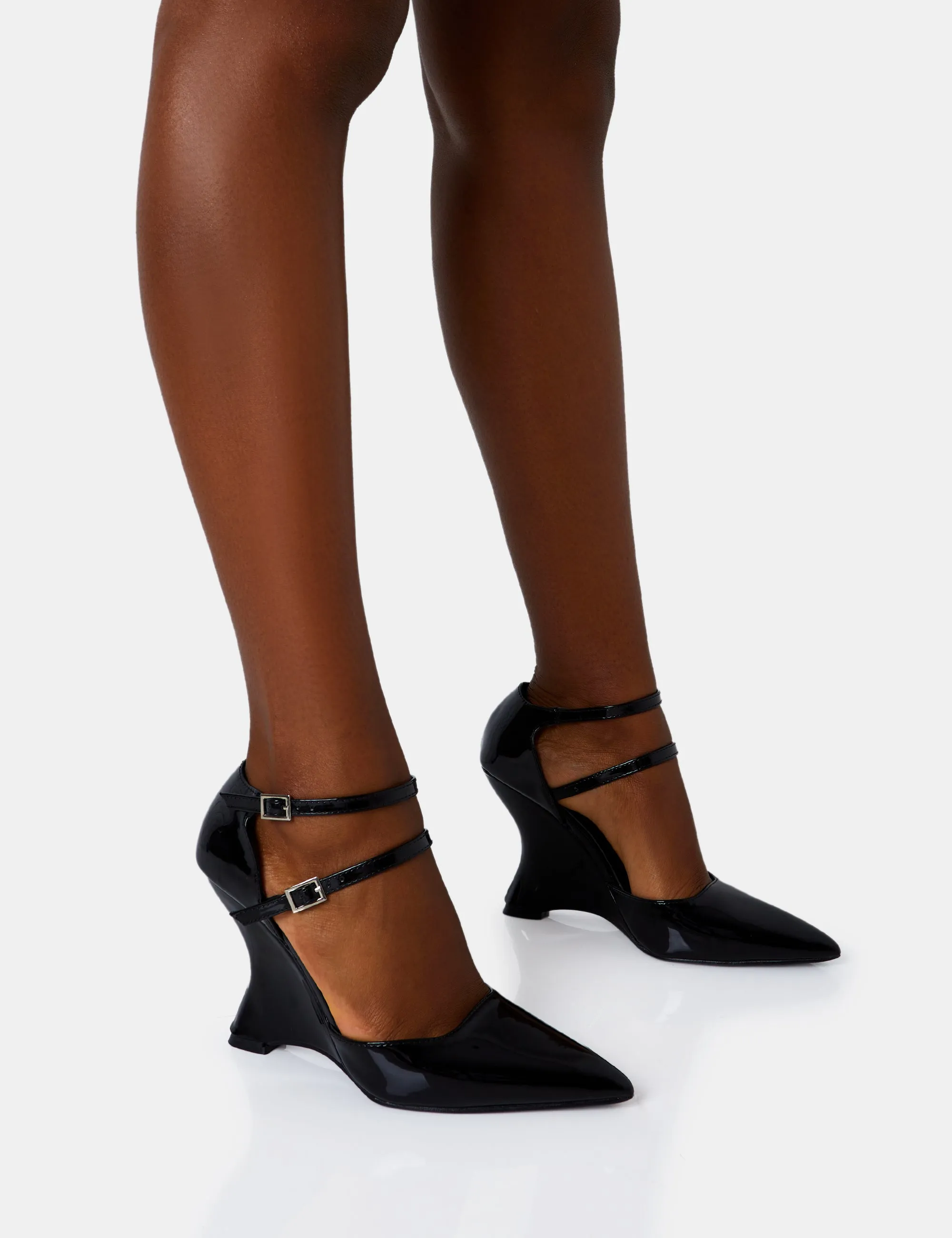 Aspiration Black Patent Strappy Pointed Platform Cut Out Wedge Heels