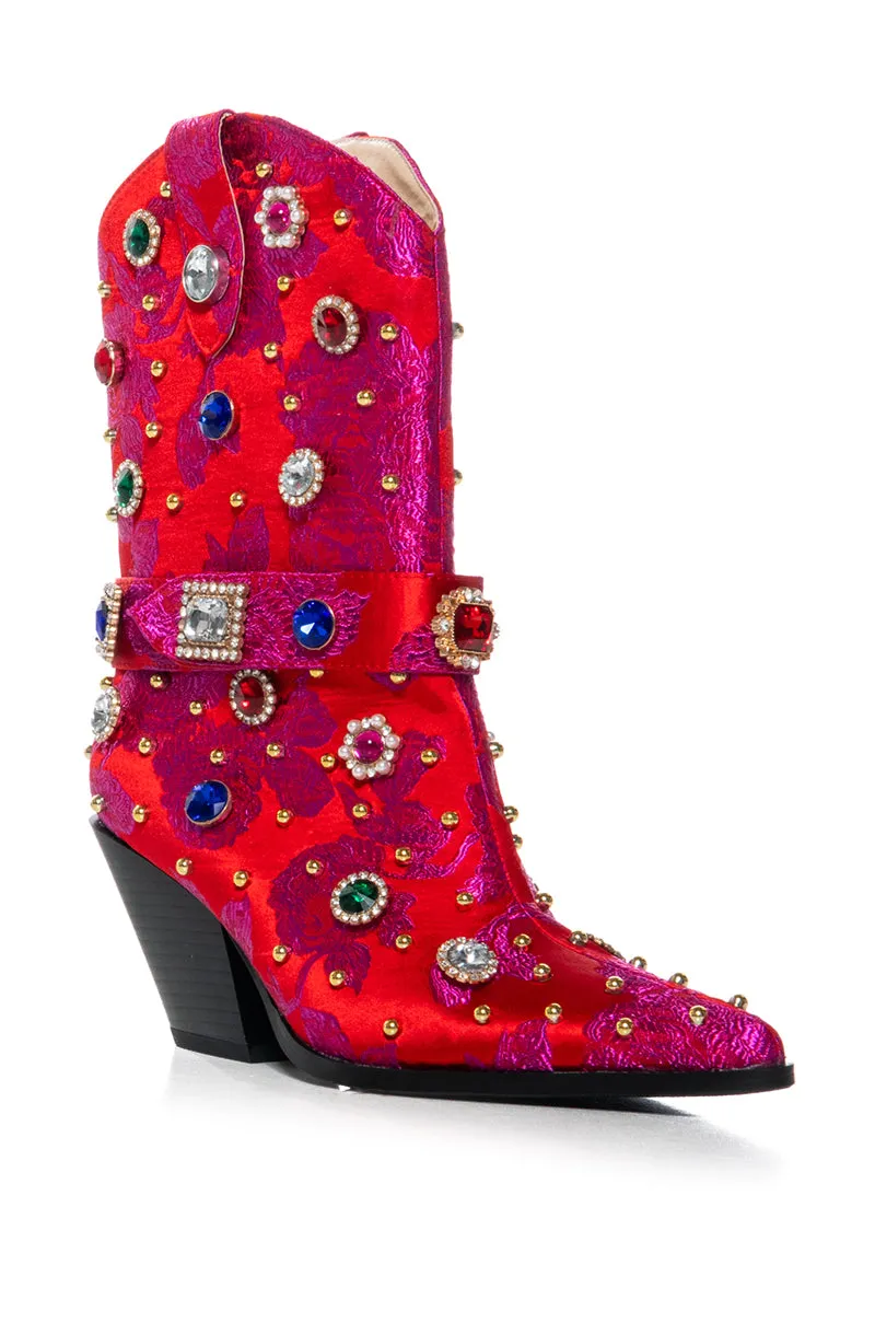 AZALEA WANG DILIGENT RED BROCADE AND GEMS WESTERN BOOTIE