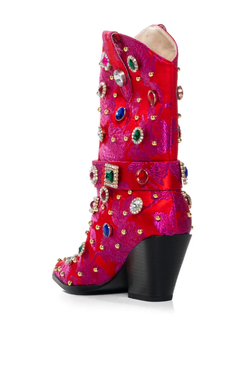 AZALEA WANG DILIGENT RED BROCADE AND GEMS WESTERN BOOTIE