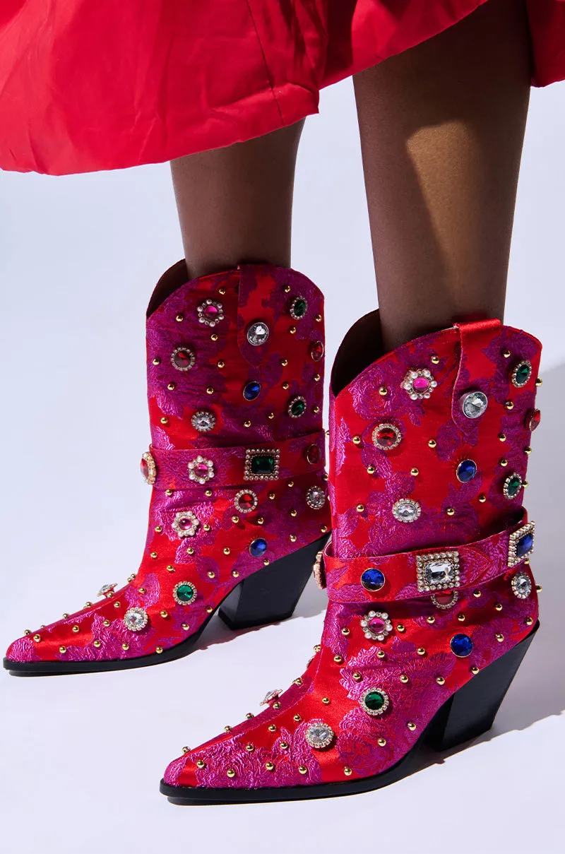 AZALEA WANG DILIGENT RED BROCADE AND GEMS WESTERN BOOTIE