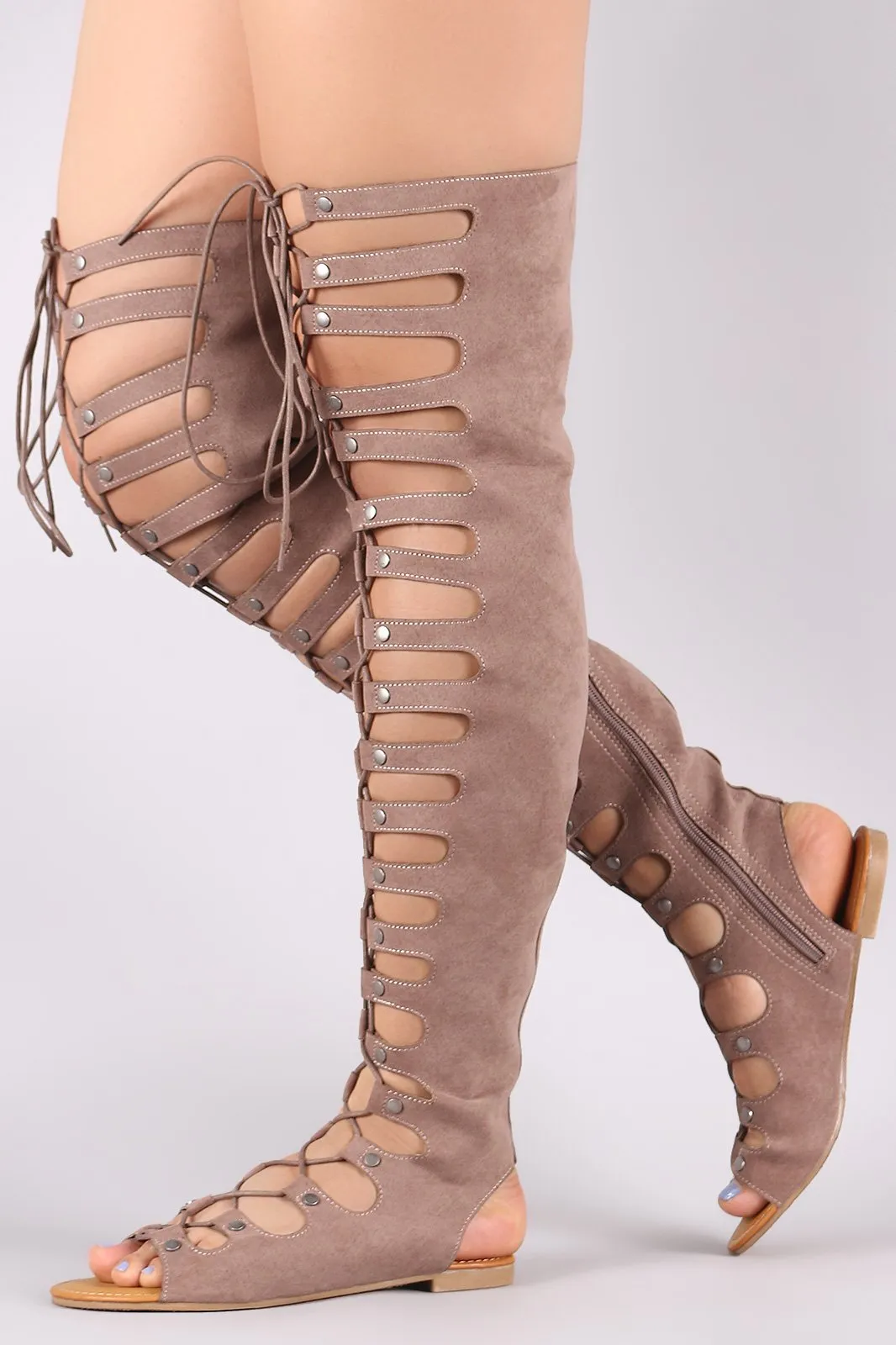 Bamboo Studded Thigh High Lace Up Gladiator Flat Sandal