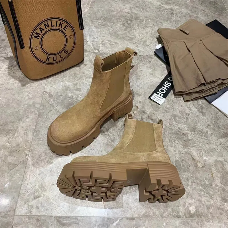 benpaolv Camel Tan Suede Platform Chelsea Boots