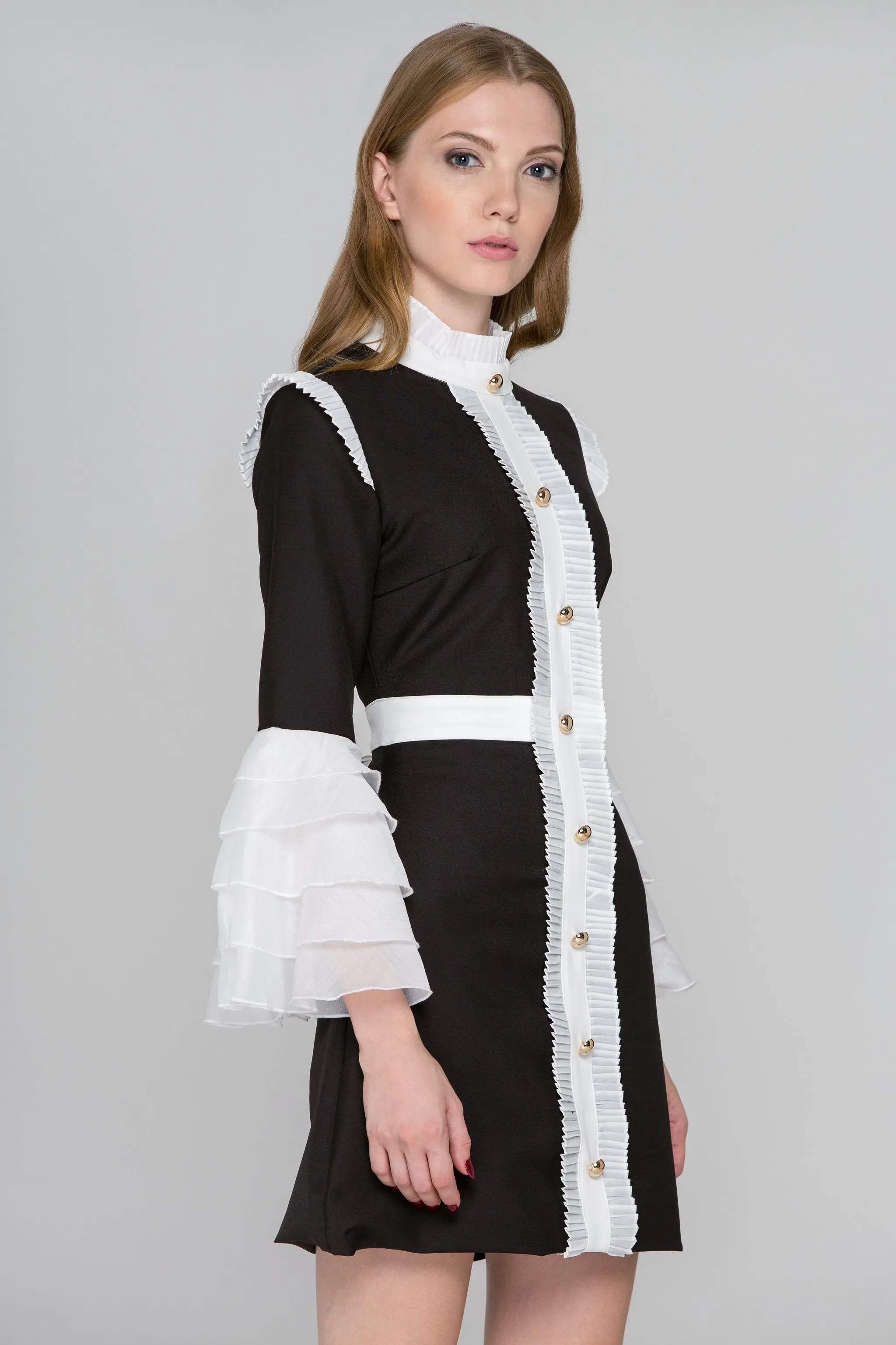 Black and White Pleated Ruffle Bell Sleeve Midi Dress