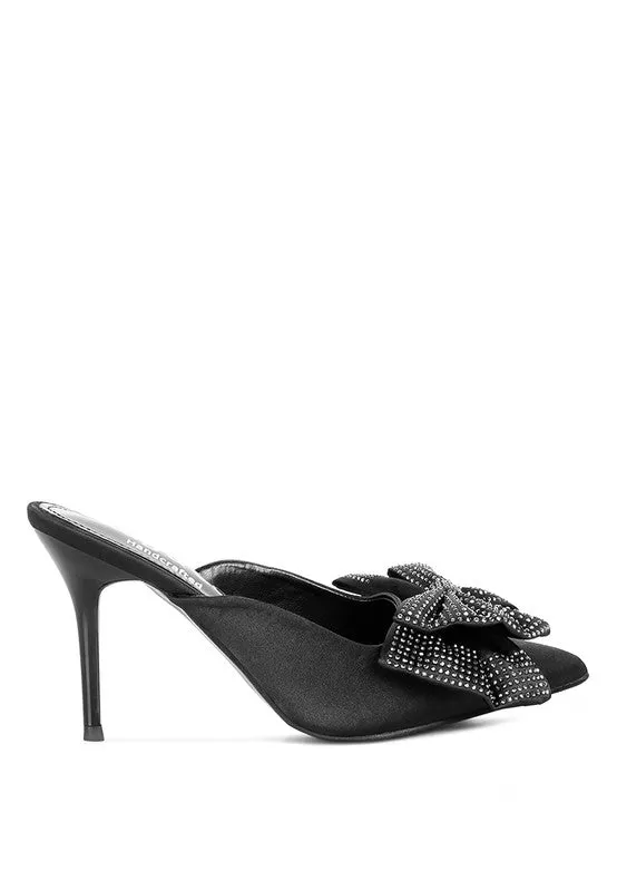 Black Diamante Bow Heeled Mules