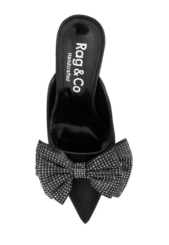 Black Diamante Bow Heeled Mules