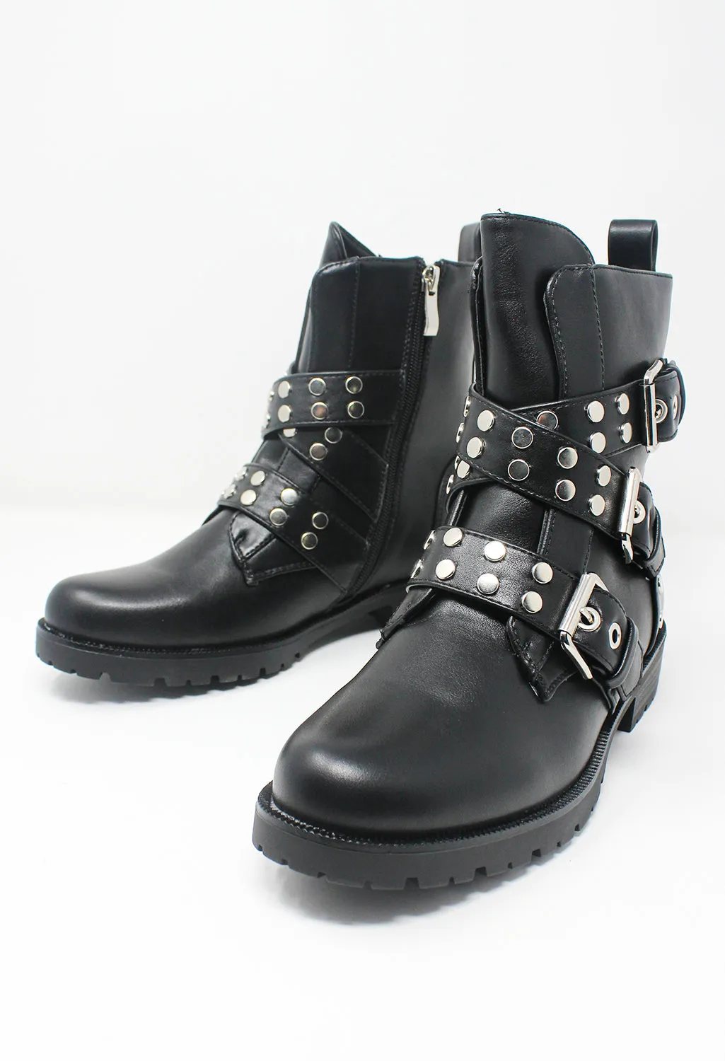 Black Faux Leather Boots with Studded Straps