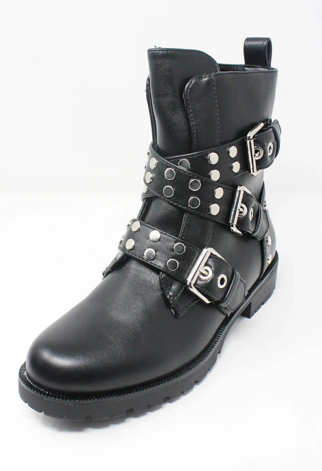 Black Faux Leather Boots with Studded Straps