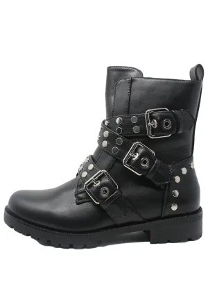 Black Faux Leather Boots with Studded Straps