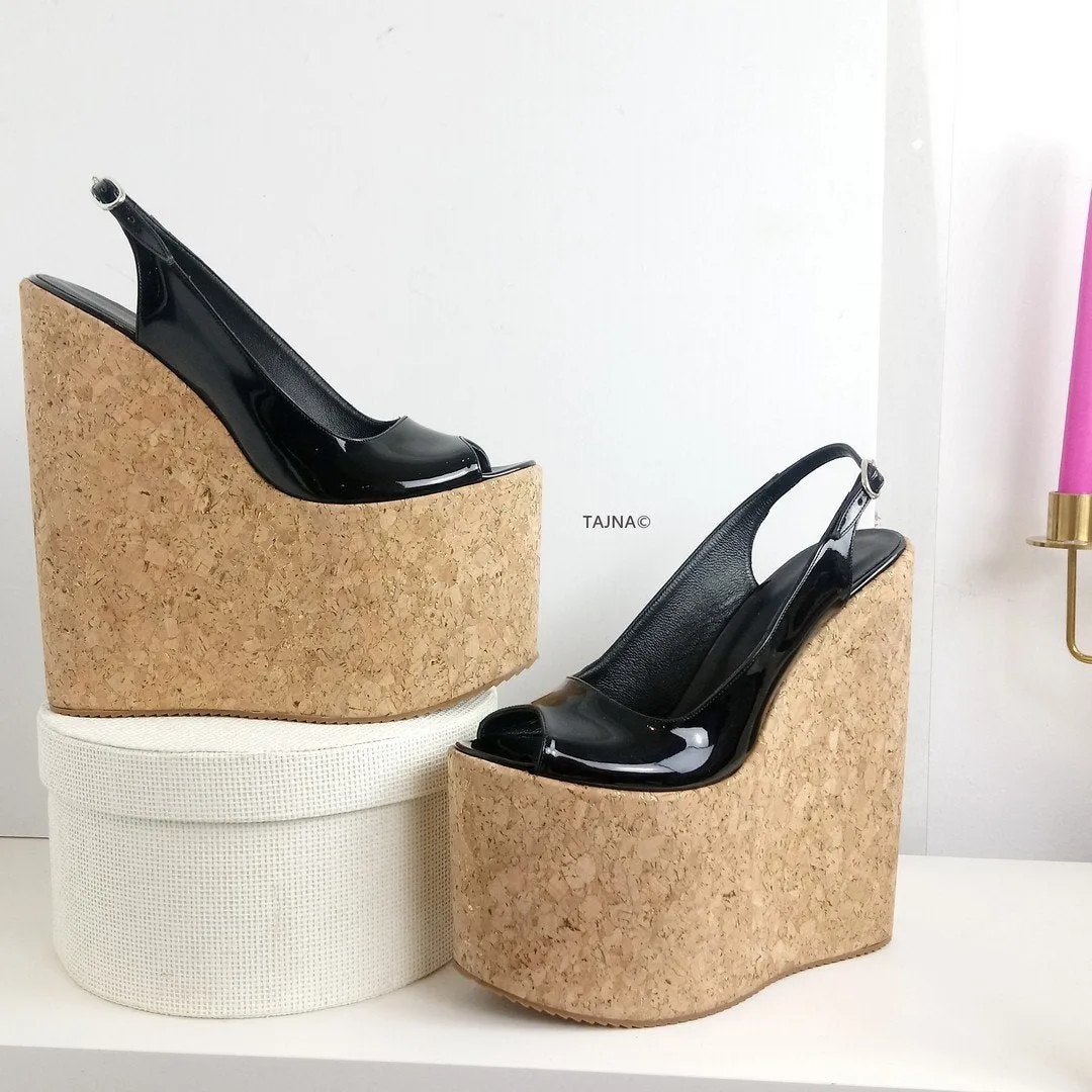 Black Patent Cork Platform Wedge Sandals