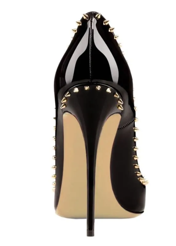 Black Patent Leather Pointed Toe Studded High Heel Unisex Pumps