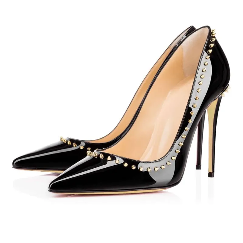 Black Patent Leather Pointed Toe Studded High Heel Unisex Pumps