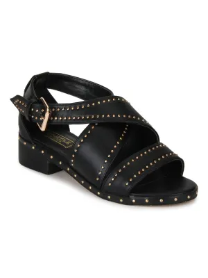 Black PU Studded Crossover Low Heel Sandals