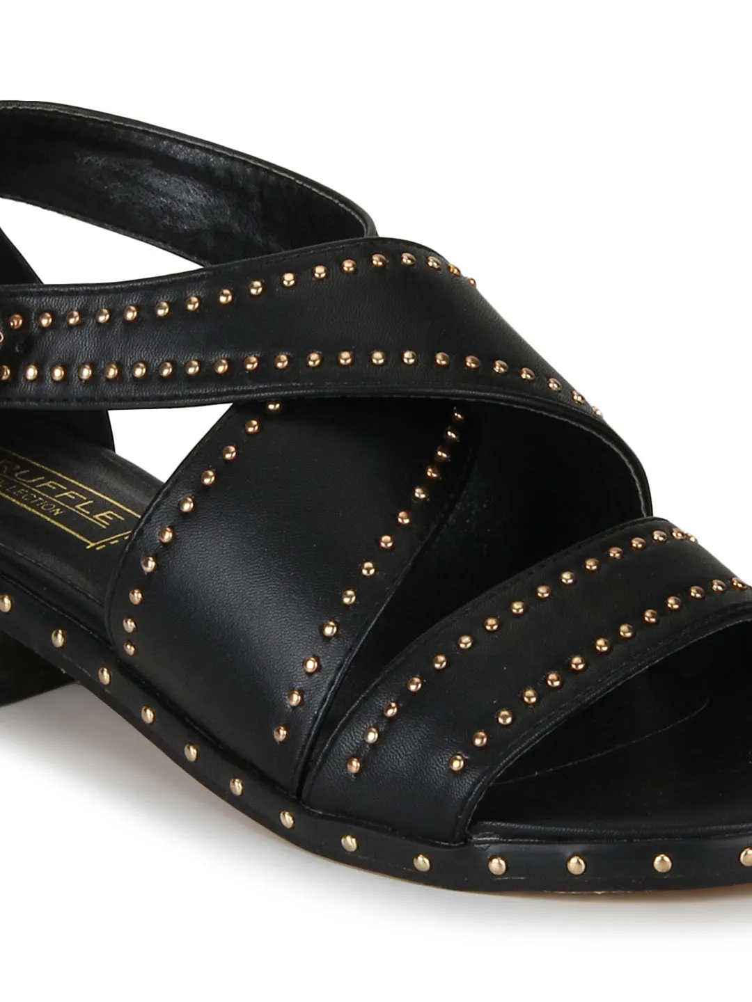 Black PU Studded Crossover Low Heel Sandals