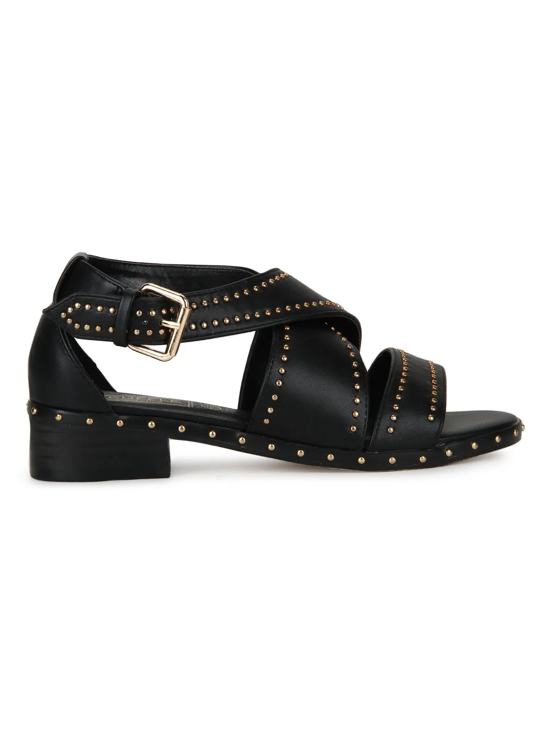 Black PU Studded Crossover Low Heel Sandals