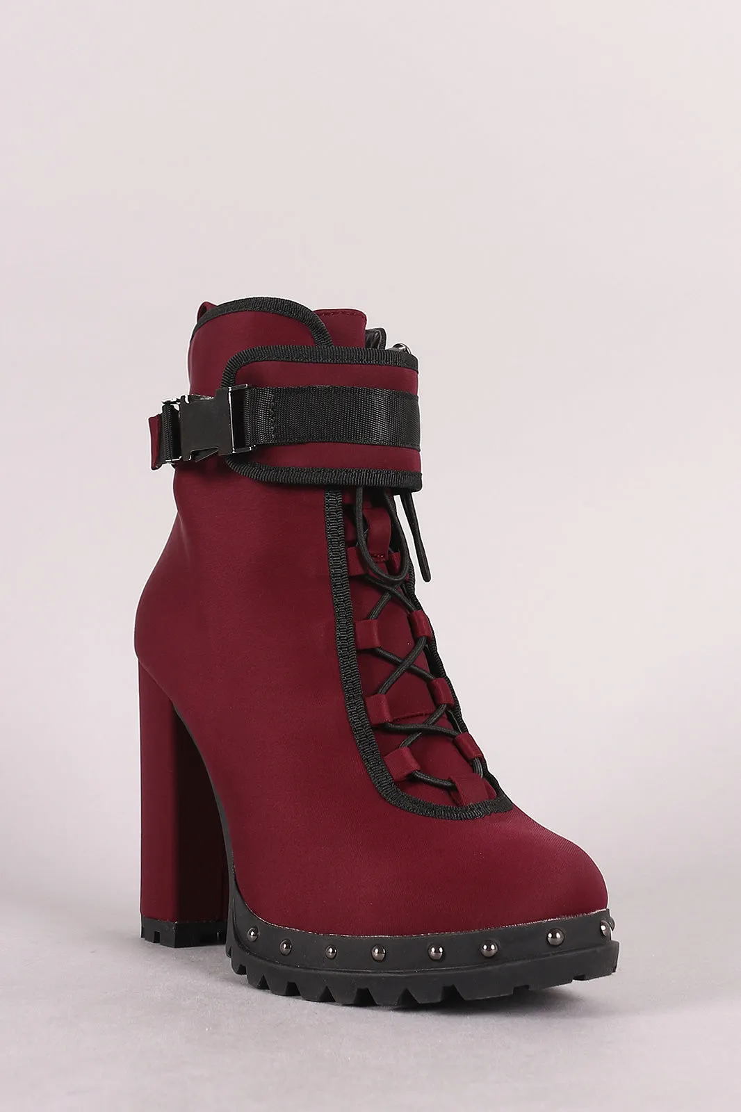 Buckled Lace-Up Studded Platform Chunky Heeled Booties