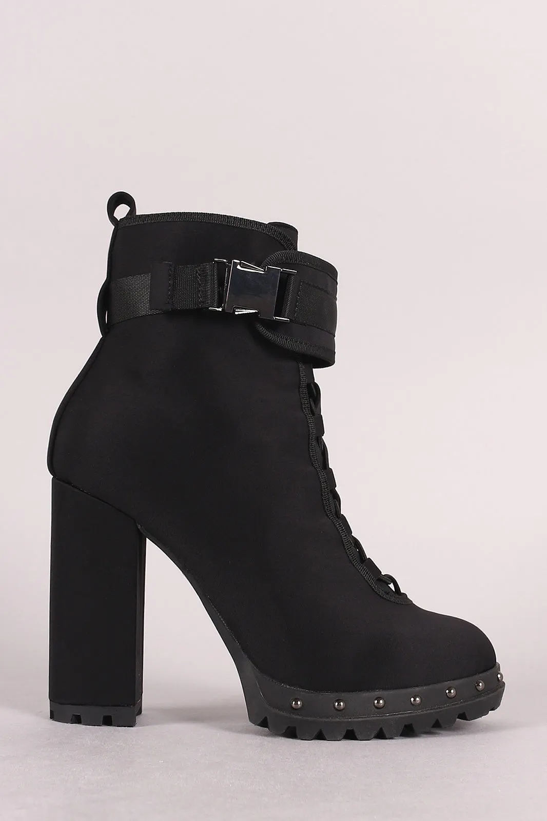 Buckled Lace-Up Studded Platform Chunky Heeled Booties