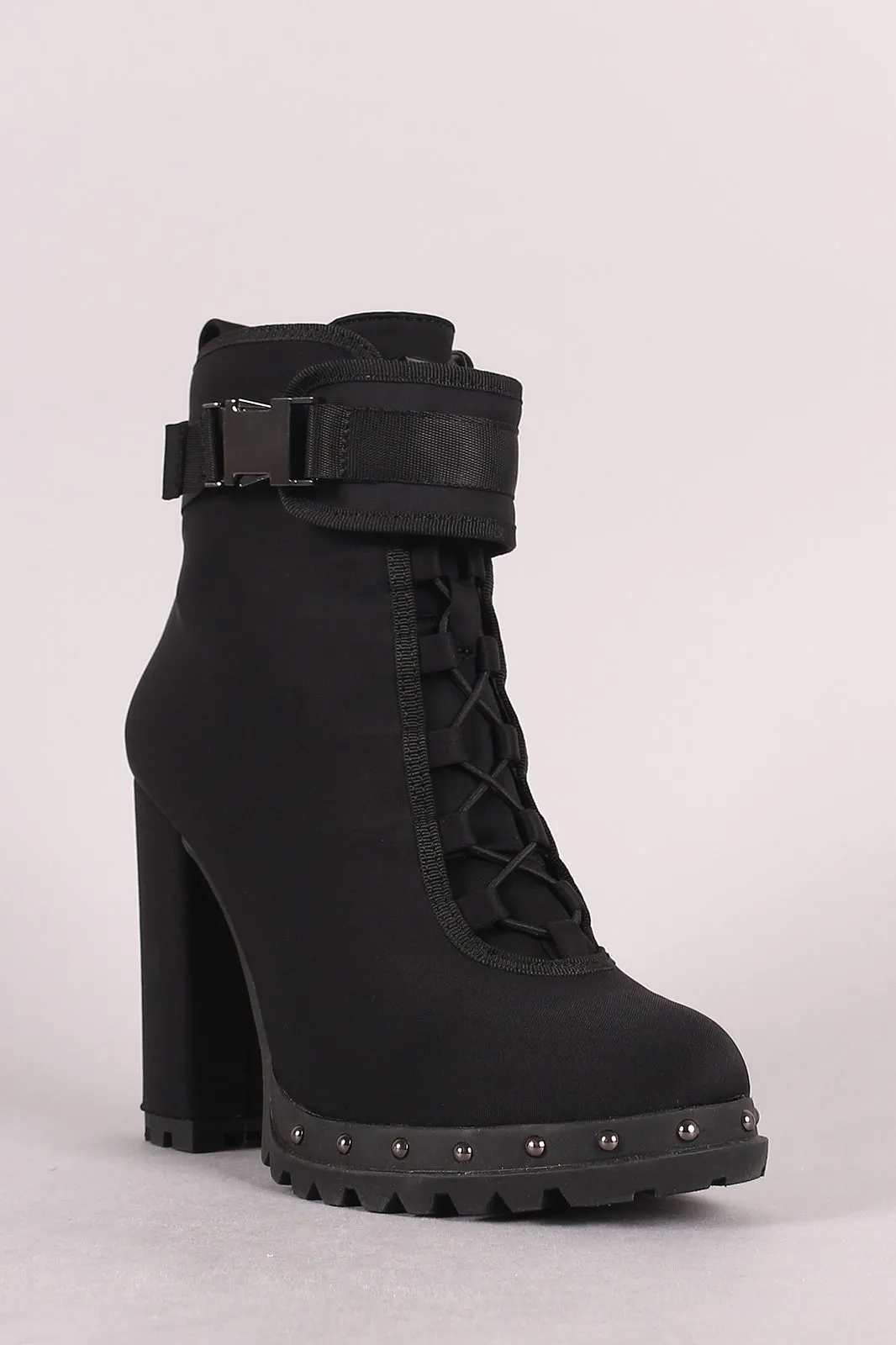 Buckled Lace-Up Studded Platform Chunky Heeled Booties