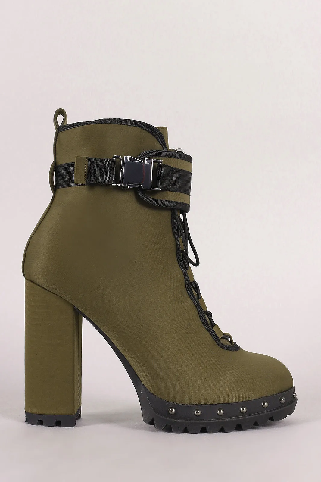 Buckled Lace-Up Studded Platform Chunky Heeled Booties