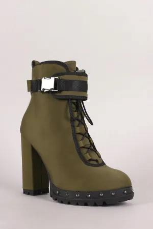 Buckled Lace-Up Studded Platform Chunky Heeled Booties