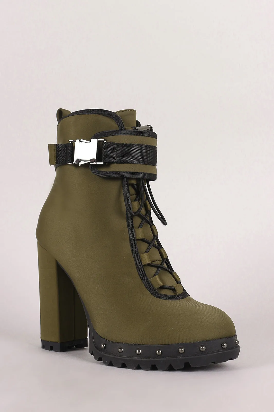 Buckled Lace-Up Studded Platform Chunky Heeled Booties