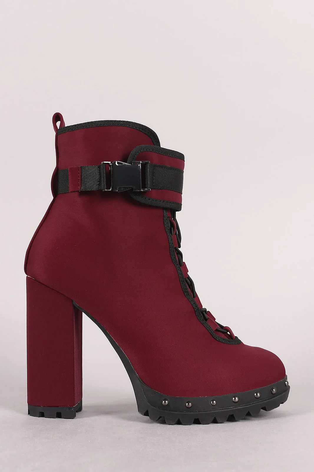 Buckled Lace-Up Studded Platform Chunky Heeled Booties