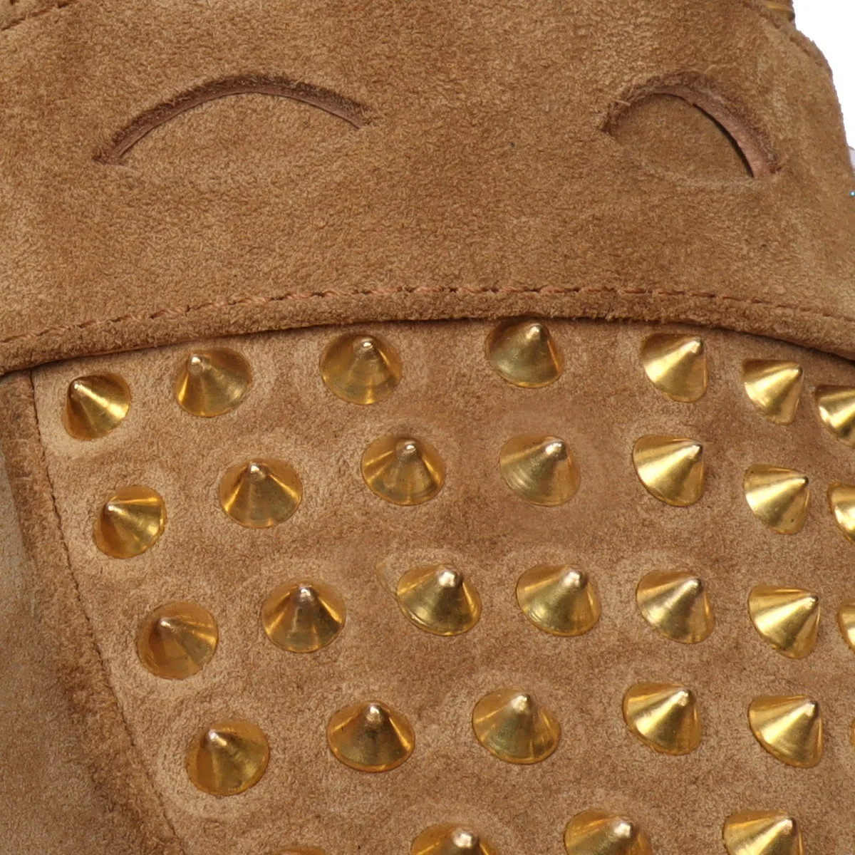 Camel Suede Leather Penny Loafers Studded Toe with Triangular Cut-Strap