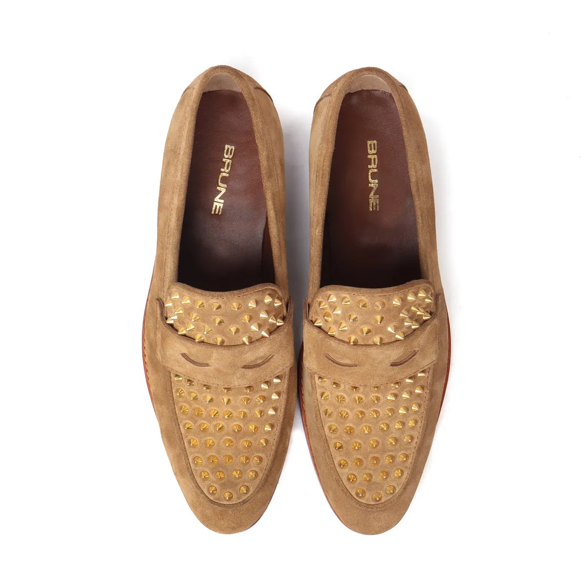 Camel Suede Leather Penny Loafers Studded Toe with Triangular Cut-Strap