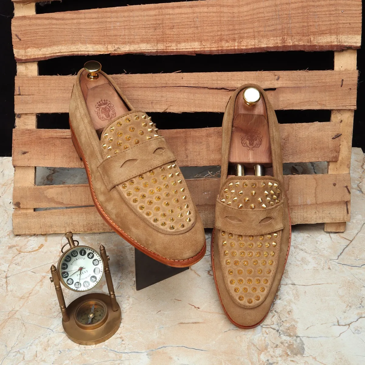 Camel Suede Leather Penny Loafers Studded Toe with Triangular Cut-Strap