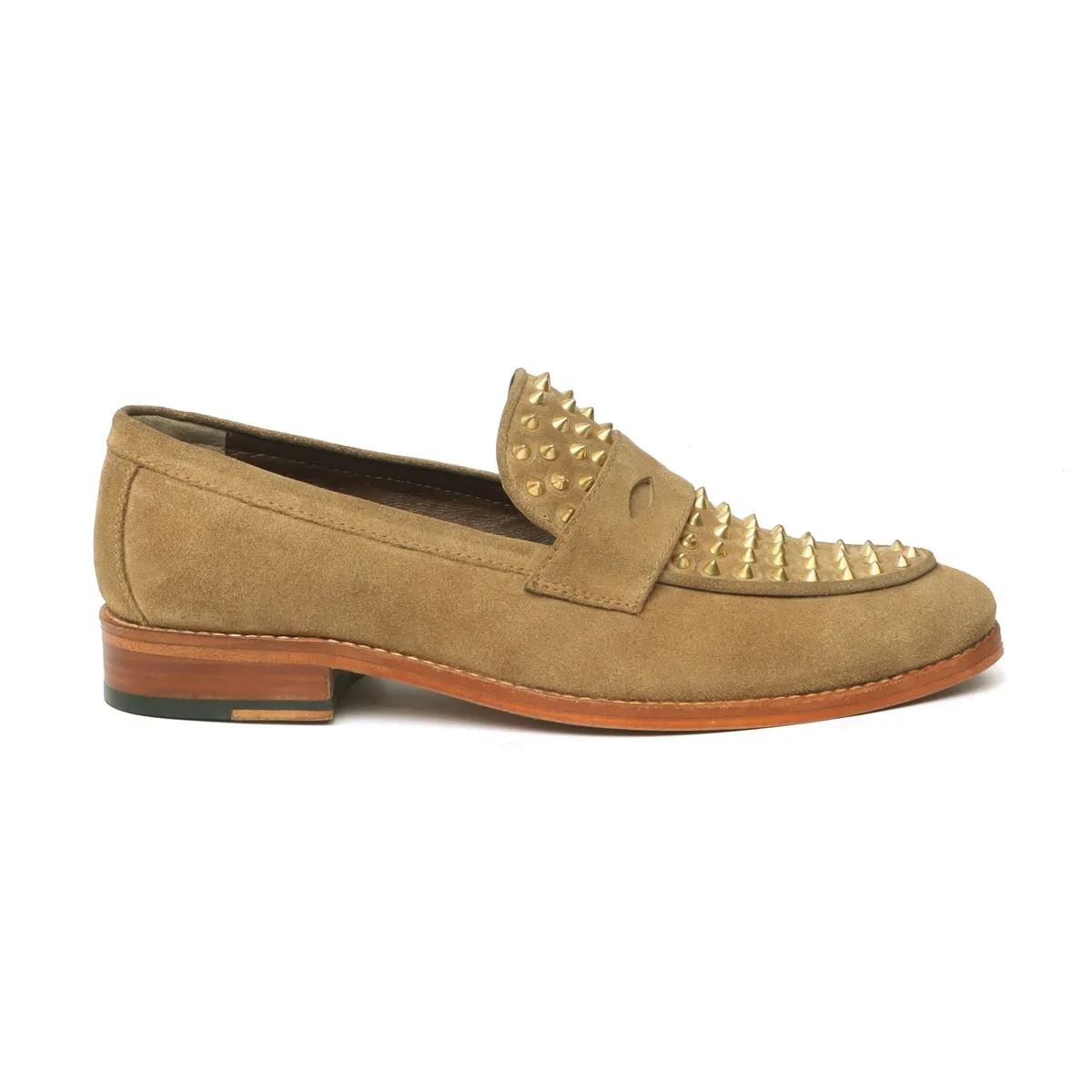 Camel Suede Leather Penny Loafers Studded Toe with Triangular Cut-Strap