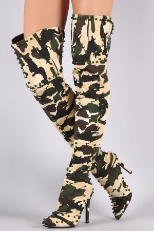 Camouflage Studded Pointy Toe Stiletto Over-The-Knee Boots