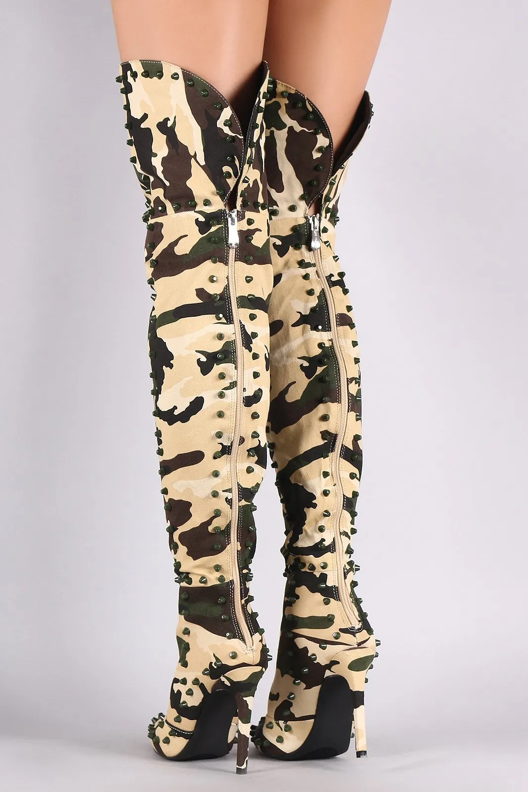 Camouflage Studded Pointy Toe Stiletto Over-The-Knee Boots