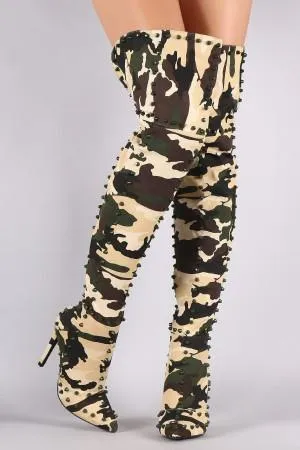 Camouflage Studded Pointy Toe Stiletto Over-The-Knee Boots