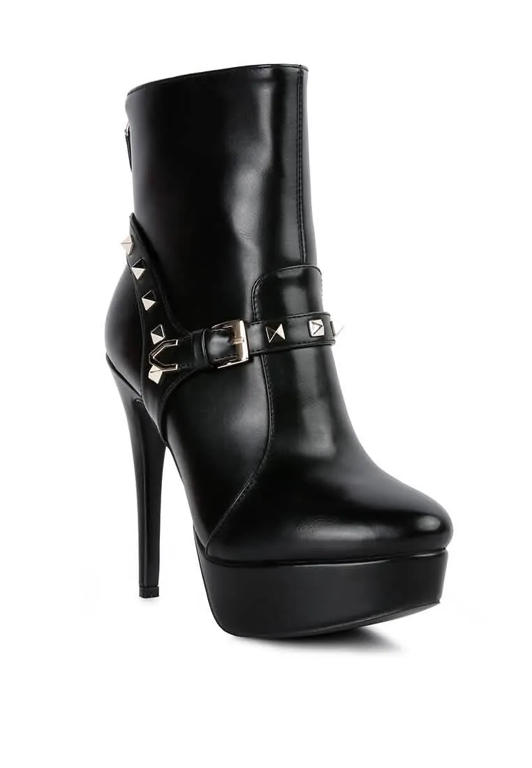 Chic Stiletto Ankle Booties with Edgy Studs and Unique Belt Detail