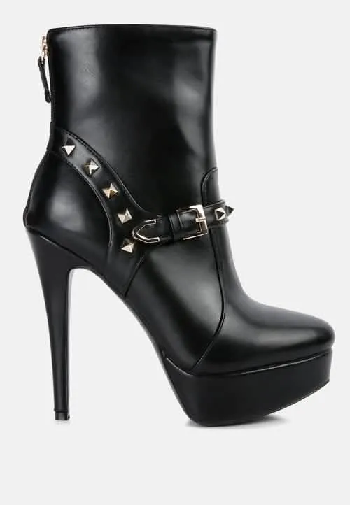 Chic Stiletto Ankle Booties with Edgy Studs and Unique Belt Detail