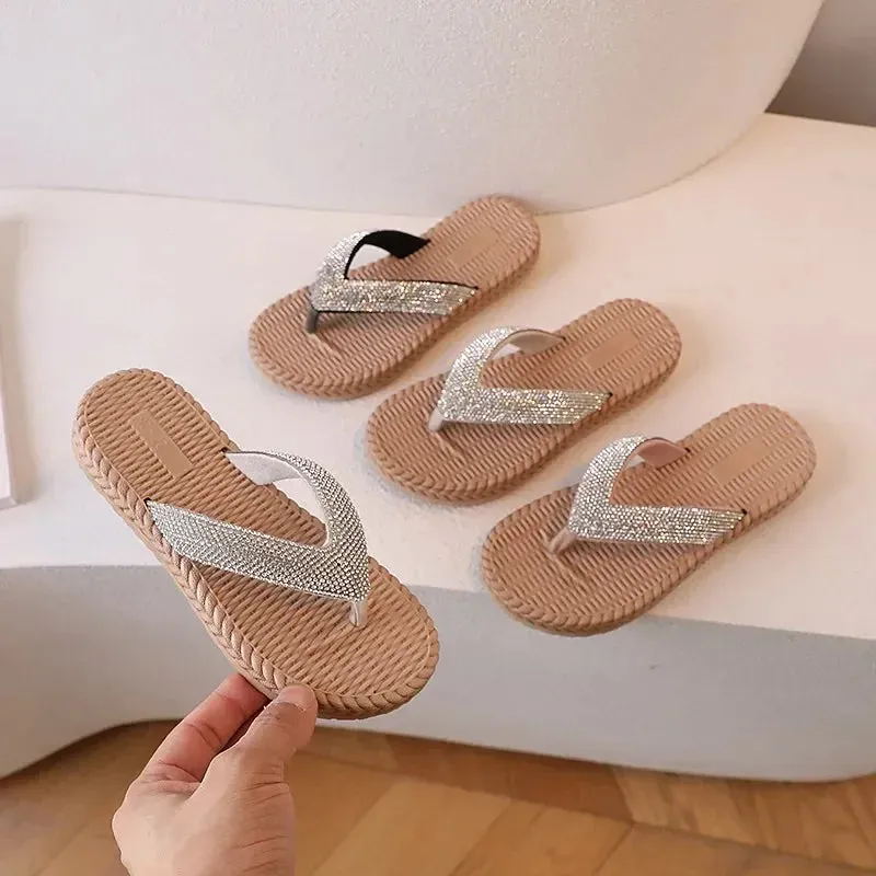 Children Slippers with Rhinestone for Girls 2024 Summer Fashion and Comfortable Holiday Style Flip Flop Cool Beach Shoes